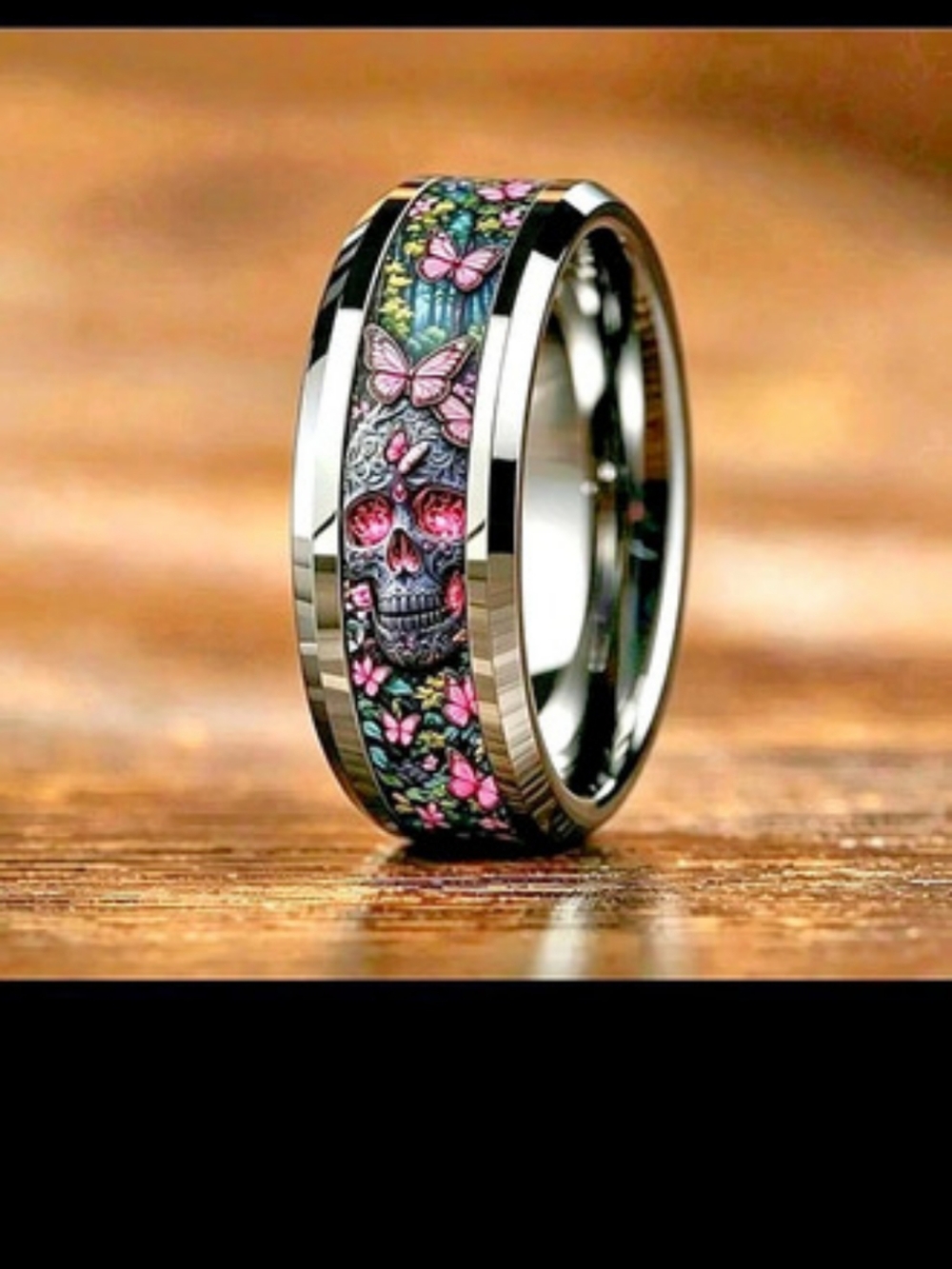 Skull And Floral Inlay Ring in Black & Pink Like New